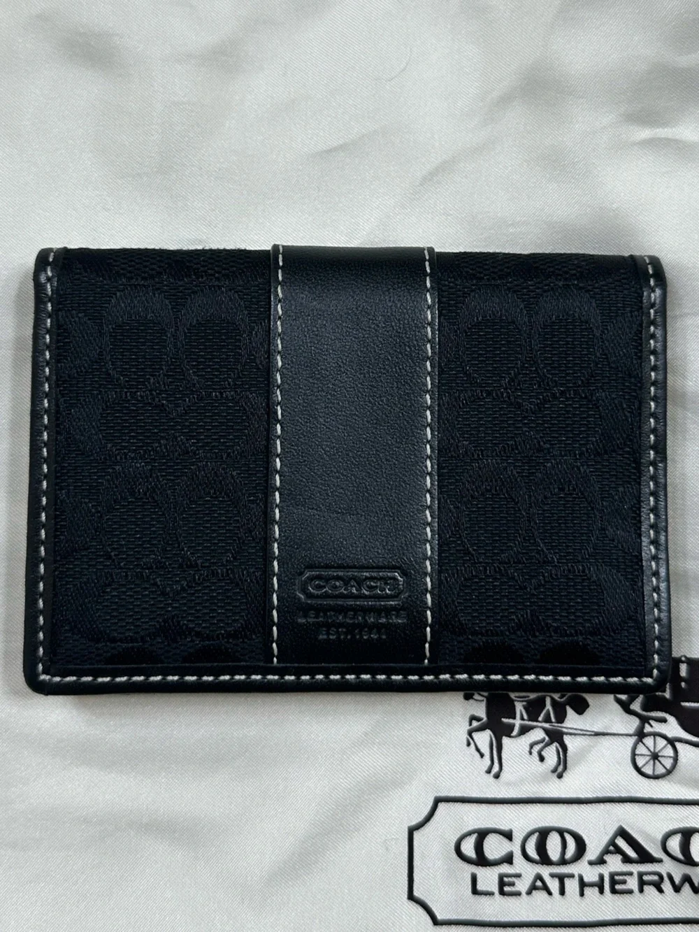 Coach Black Signature Card Case with Leather Trim